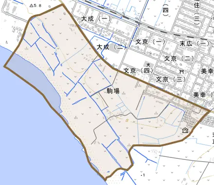 駒場とその周辺の地図。町の範囲を重ねている