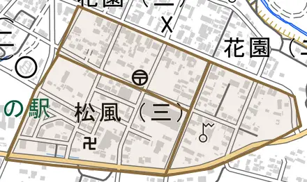 松風とその周辺の地図。町の範囲を重ねている