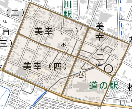 美幸とその周辺の地図。町の範囲を重ねている