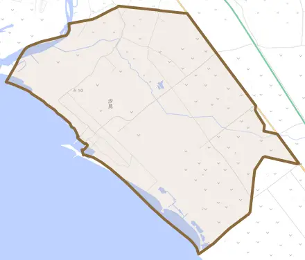 汐見とその周辺の地図。町の範囲を重ねている