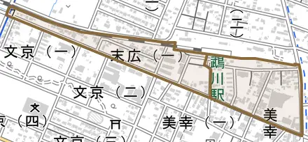 末広とその周辺の地図。町の範囲を重ねている
