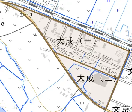 大成とその周辺の地図。町の範囲を重ねている