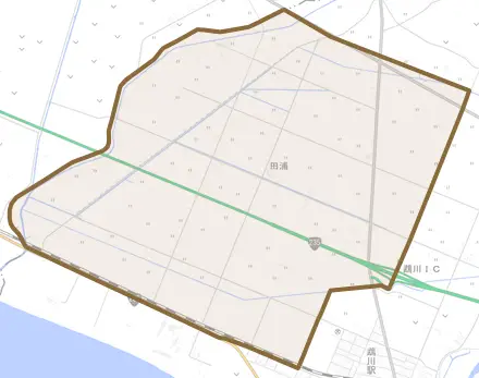 田浦とその周辺の地図。町の範囲を重ねている