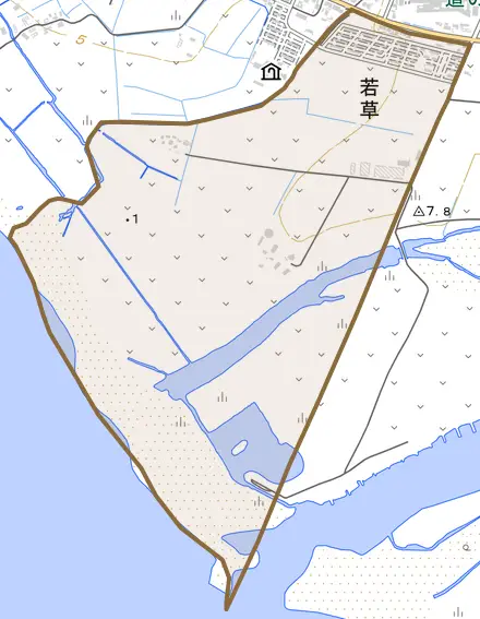 若草とその周辺の地図。町の範囲を重ねている