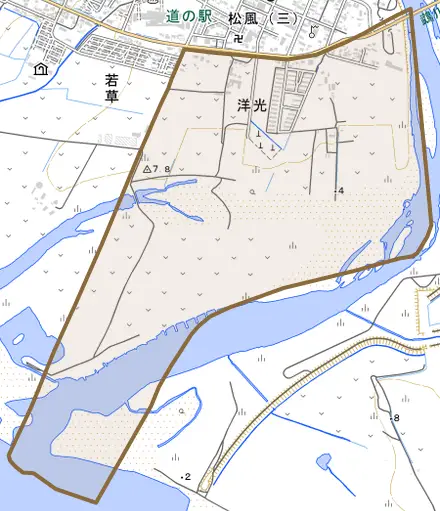 洋光とその周辺の地図。町の範囲を重ねている
