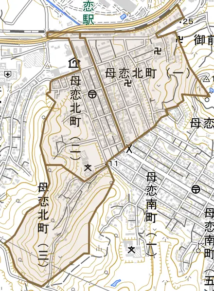 母恋北町とその周辺の地図。町の範囲を重ねている