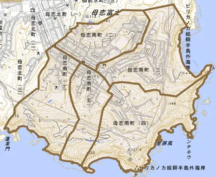 母恋南町とその周辺の地図。町の範囲を重ねている