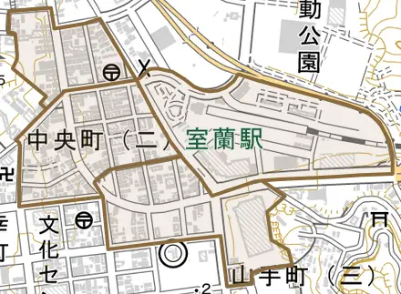 中央町とその周辺の地図。町の範囲を重ねている