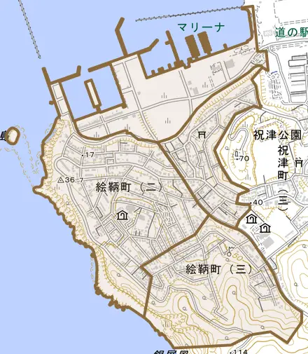 絵鞆町とその周辺の地図。町の範囲を重ねている