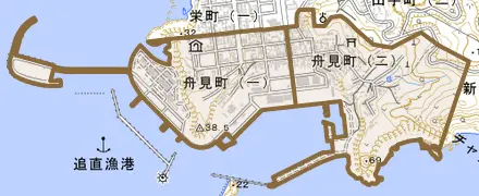 舟見町とその周辺の地図。町の範囲を重ねている