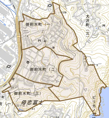 御前水町とその周辺の地図。町の範囲を重ねている