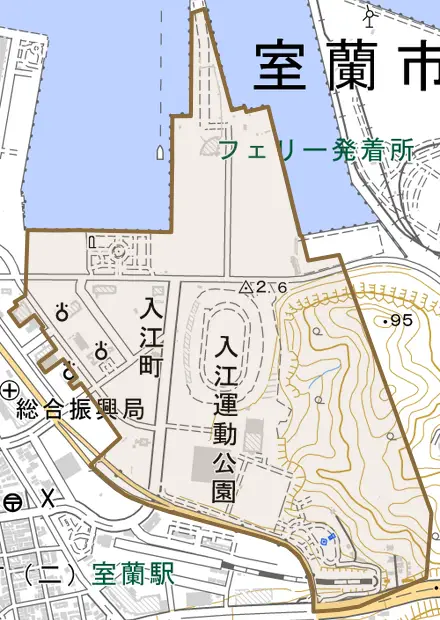入江町とその周辺の地図。町の範囲を重ねている