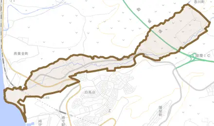 石川町とその周辺の地図。町の範囲を重ねている