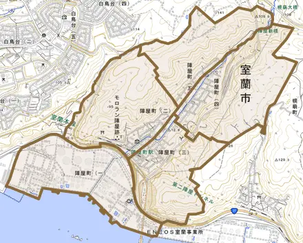 陣屋町とその周辺の地図。町の範囲を重ねている