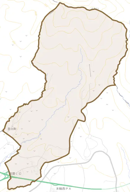 香川町とその周辺の地図。町の範囲を重ねている