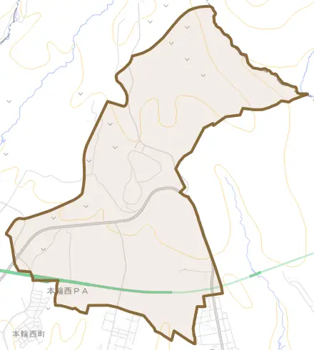 神代町とその周辺の地図。町の範囲を重ねている