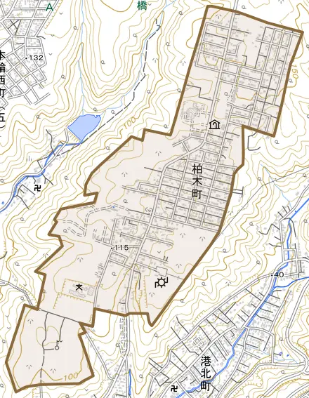 柏木町とその周辺の地図。町の範囲を重ねている