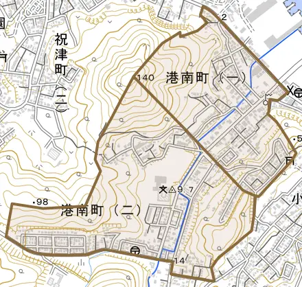 港南町とその周辺の地図。町の範囲を重ねている