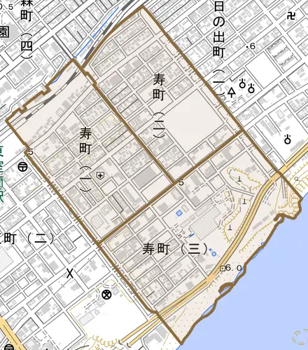 寿町とその周辺の地図。町の範囲を重ねている