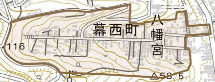 幕西町とその周辺の地図。町の範囲を重ねている
