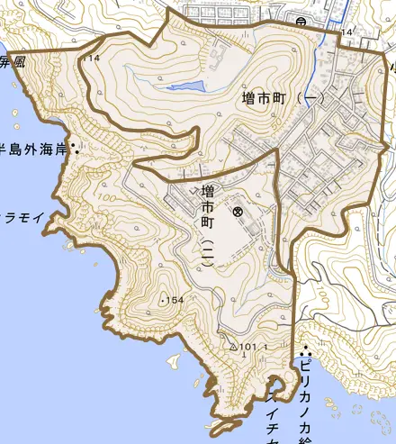 増市町とその周辺の地図。町の範囲を重ねている
