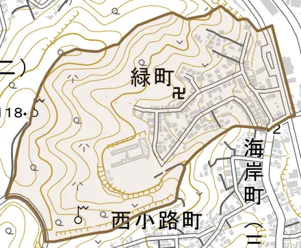 緑町とその周辺の地図。町の範囲を重ねている