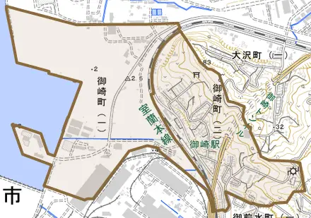 御崎町とその周辺の地図。町の範囲を重ねている