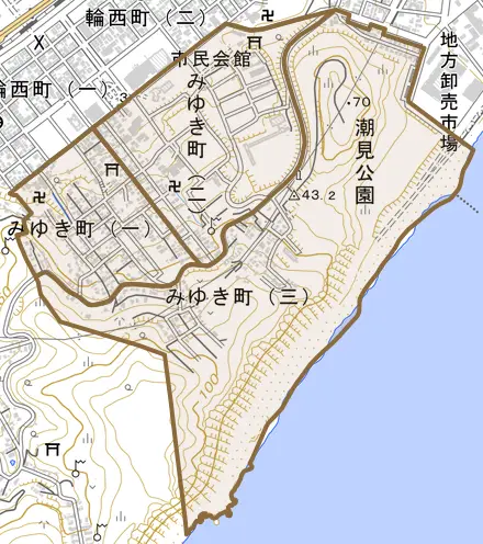 みゆき町とその周辺の地図。町の範囲を重ねている