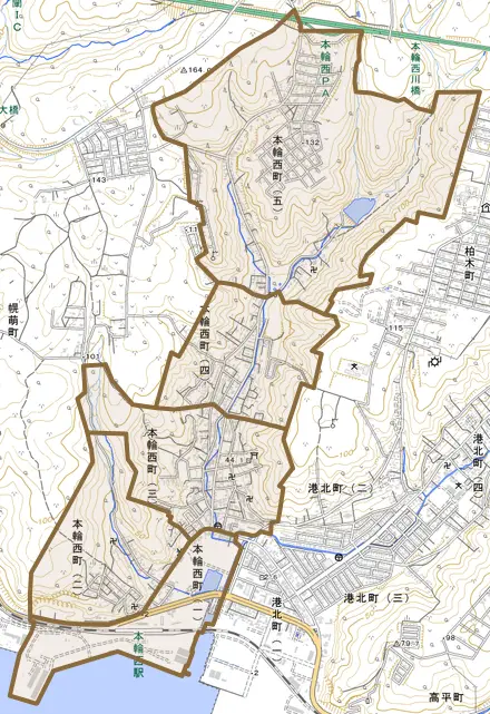 本輪西町とその周辺の地図。町の範囲を重ねている
