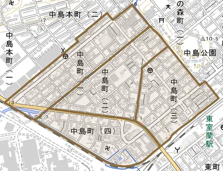 中島町とその周辺の地図。町の範囲を重ねている