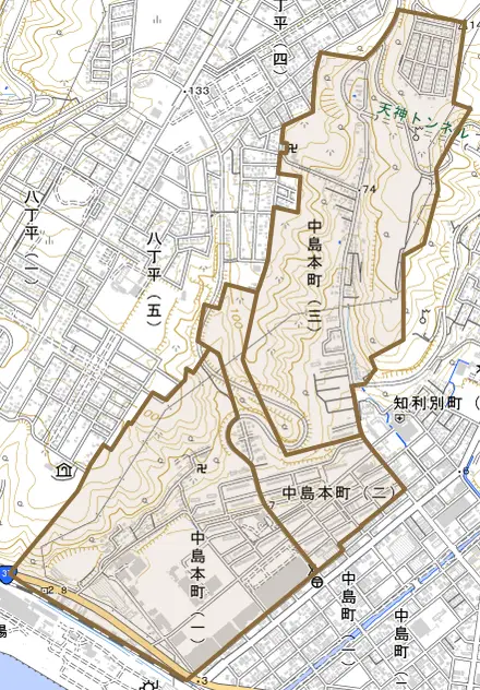 中島本町とその周辺の地図。町の範囲を重ねている