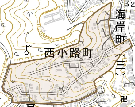 西小路町とその周辺の地図。町の範囲を重ねている