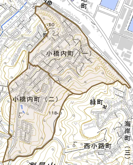 小橋内町とその周辺の地図。町の範囲を重ねている