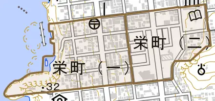 栄町とその周辺の地図。町の範囲を重ねている