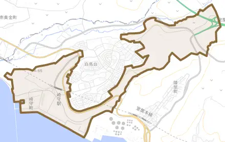 崎守町とその周辺の地図。町の範囲を重ねている