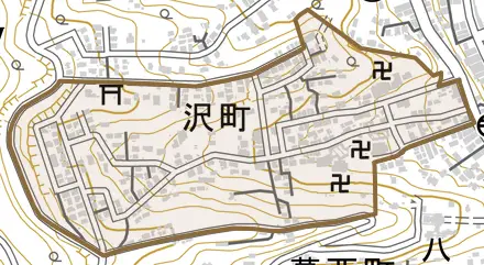 沢町とその周辺の地図。町の範囲を重ねている