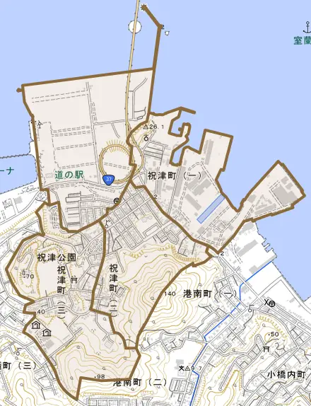 祝津町とその周辺の地図。町の範囲を重ねている