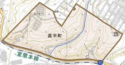 高平町とその周辺の地図。町の範囲を重ねている