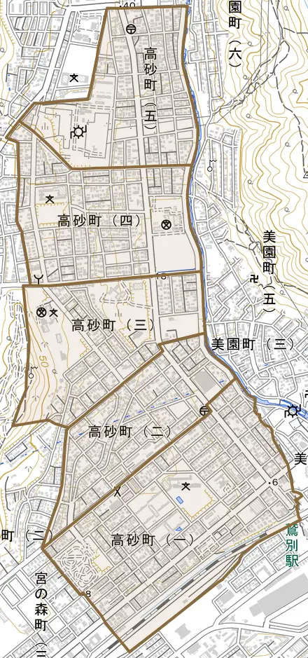 高砂町とその周辺の地図。町の範囲を重ねている