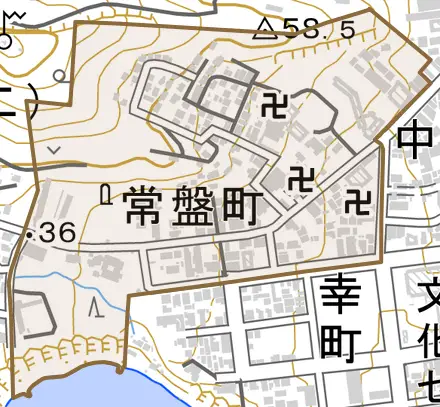 常盤町とその周辺の地図。町の範囲を重ねている