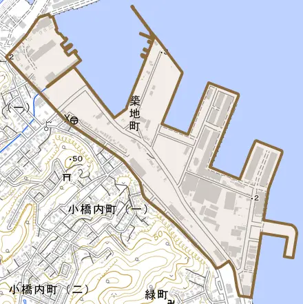 築地町とその周辺の地図。町の範囲を重ねている