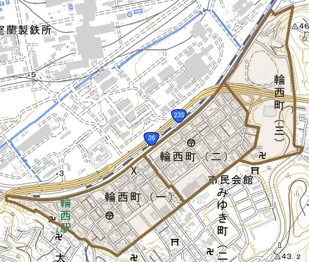輪西町とその周辺の地図。町の範囲を重ねている