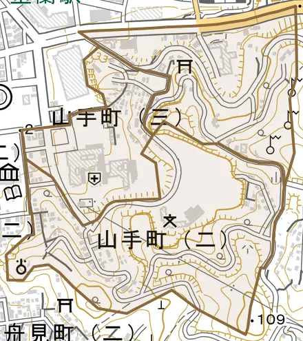 山手町とその周辺の地図。町の範囲を重ねている