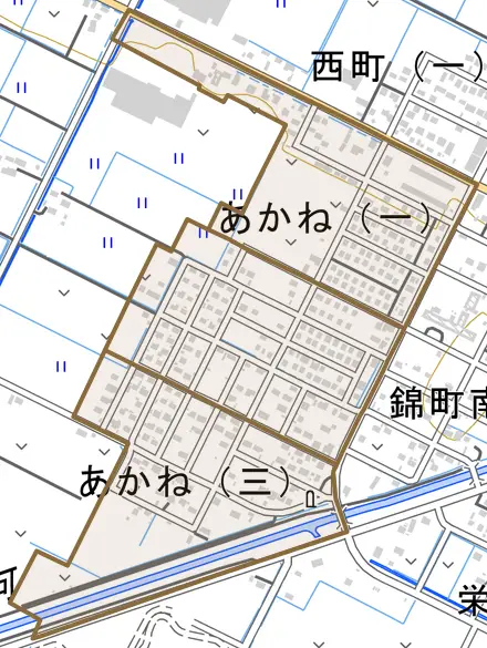 あかねとその周辺の地図。町の範囲を重ねている