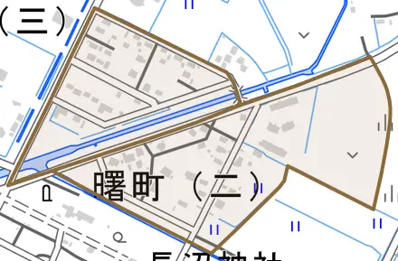 曙町とその周辺の地図。町の範囲を重ねている