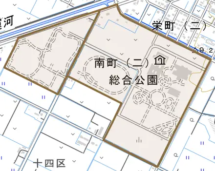 南町とその周辺の地図。町の範囲を重ねている