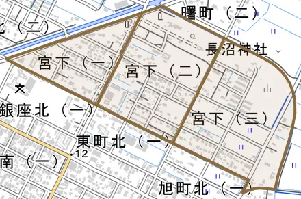 宮下とその周辺の地図。町の範囲を重ねている
