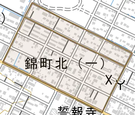 錦町北とその周辺の地図。町の範囲を重ねている