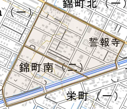 錦町南とその周辺の地図。町の範囲を重ねている