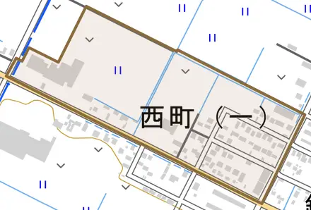 西町とその周辺の地図。町の範囲を重ねている